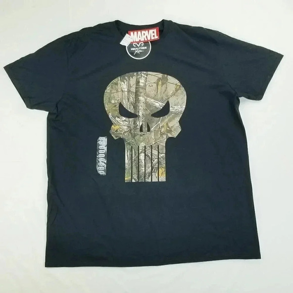 Marvel 2XL Young Men's Punisher Camo Skull Realtree Xtra Black Cotton Crew Teee - Picture 1 of 9